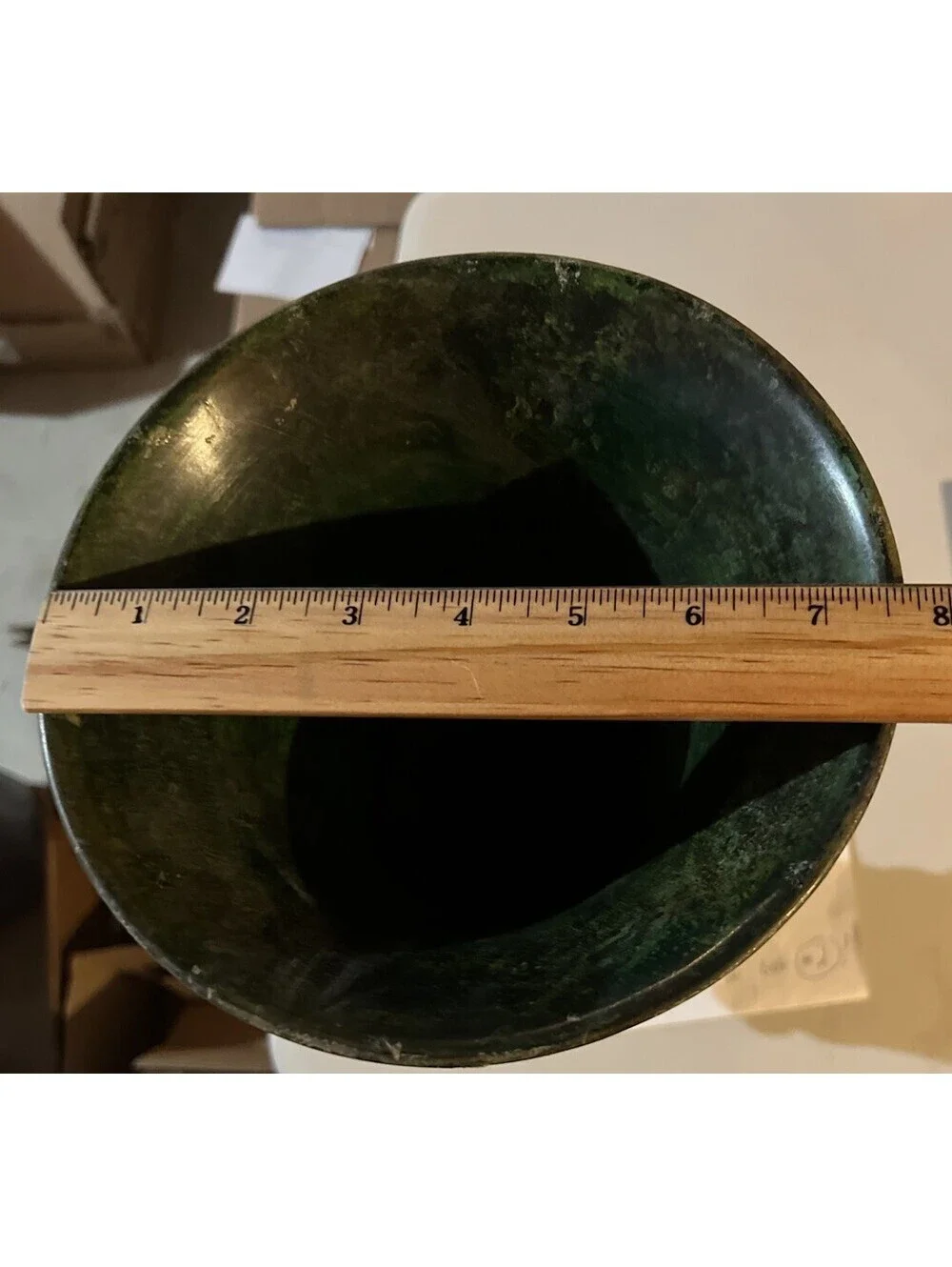 Blue Ridge Design 1980s Brass Enamel Verdigris Trumpet Urn Vase, 8x14”